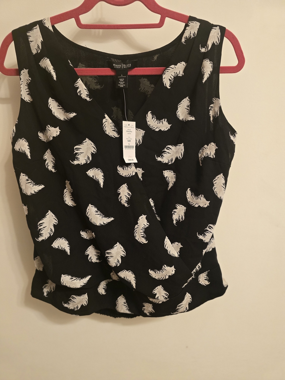White House Black Market Black Sleeveless Wrap Camisole with White Feather Print